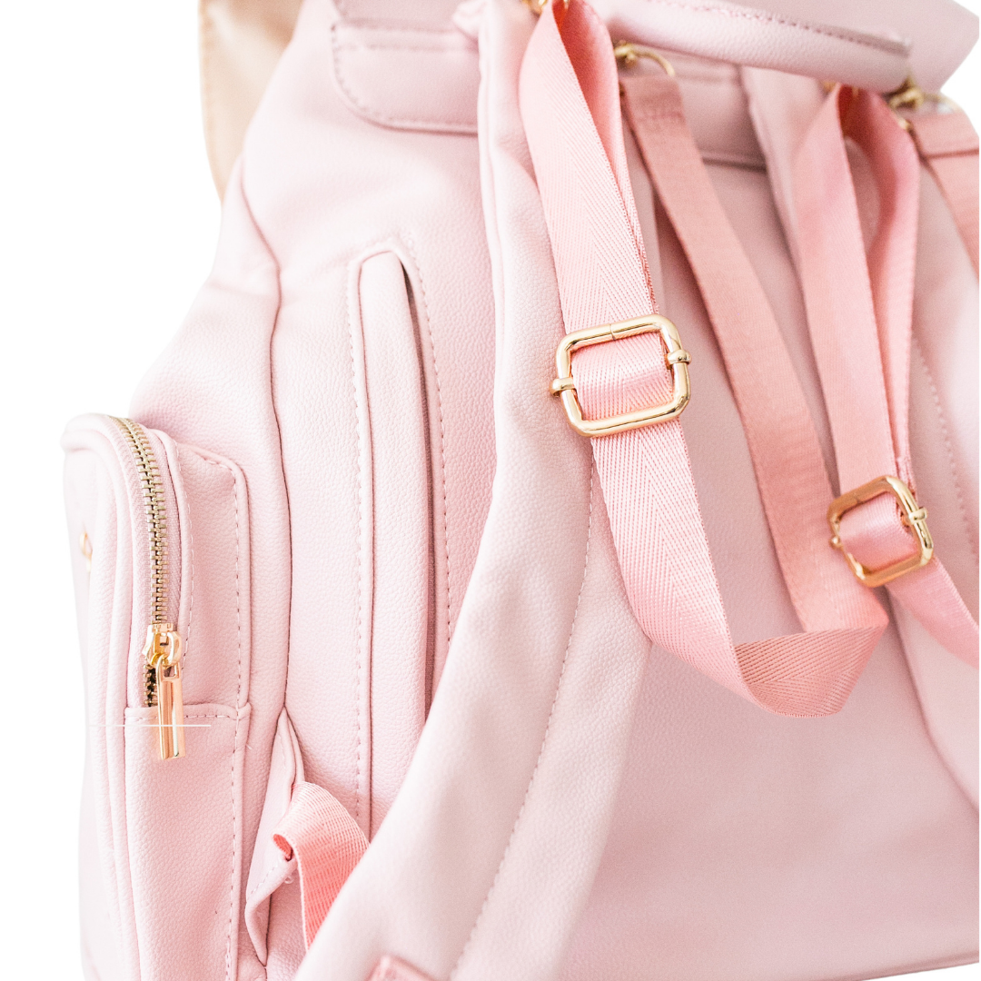 Pink leather backpack diaper bag on sale